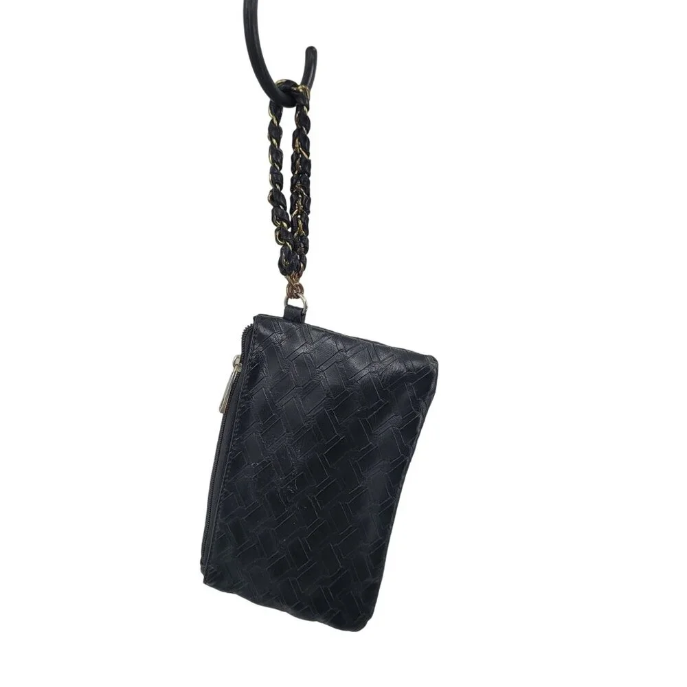 Vegan Black Tire Tread Embossed Faux Leather Wristlet Gold Chain Biker Steampunk